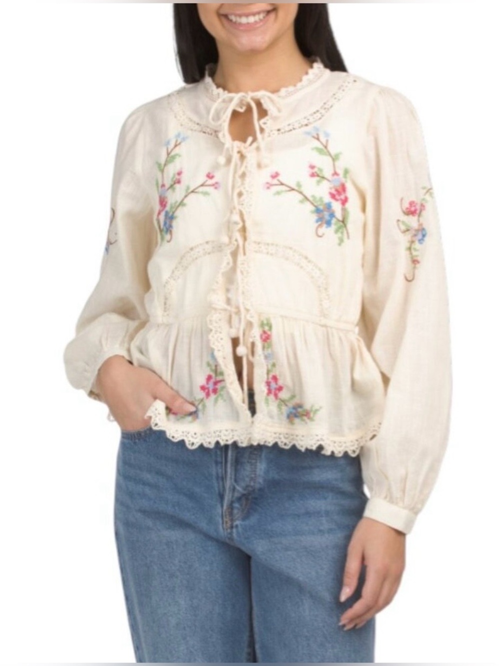 Jennifer & Grace Embroidered Boho Peasant Top Cream Lace Tie Front Cottagecore S